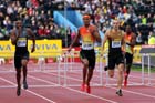 Javier Culson leads David Greene and Angela Taylor off the final barrier in the 400 metres hurdles, 2012 Samsung Diamond League, Crystal Palace, London.